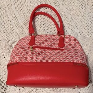 IMAN Global Chic Logo Print Dome Satchel Including A Cosmetic Case Scarlet Logo